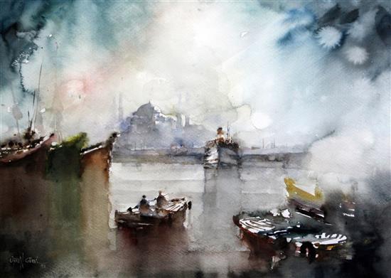 Orhan Gurel (Turkish, 1952-) Harbour scene, 19 x 26.5in.